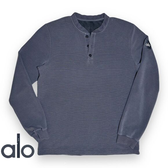 Alo Yoga Mens M Gray Micro Waffle Fast Break Henley L/S Thermal Shirt - Picture 1 of 10